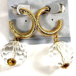 Gold-Tone Textured Hoop Earrings w/ Clear Crystal Drop – Bold Statement Jewelry